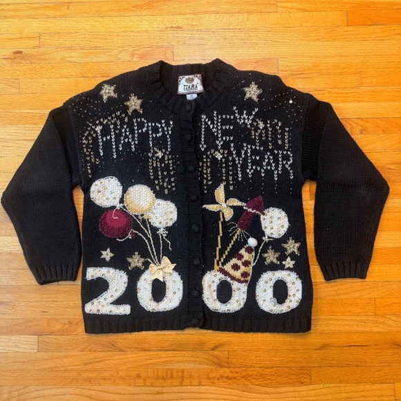Vintage Y2K 2000 Happy New Year Cardigan Beaded Sequin Knit Sweater Black Gold - Picture 4 of 11